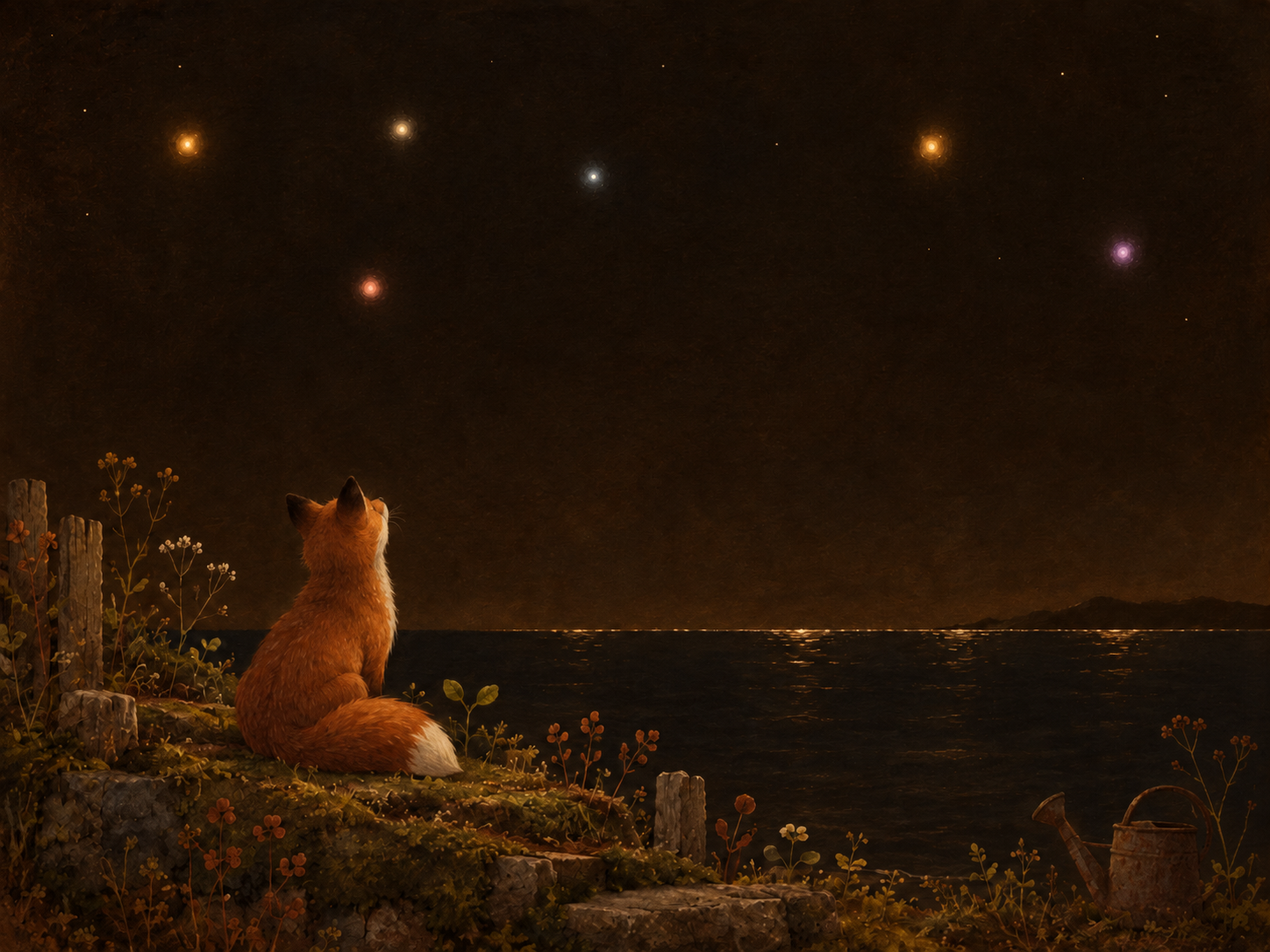 A red fox seen from behind, sitting on a stone ledge, gazing up at a night sky with six lights — one glowing a distinct pink-magenta against the others' orange, red, and white